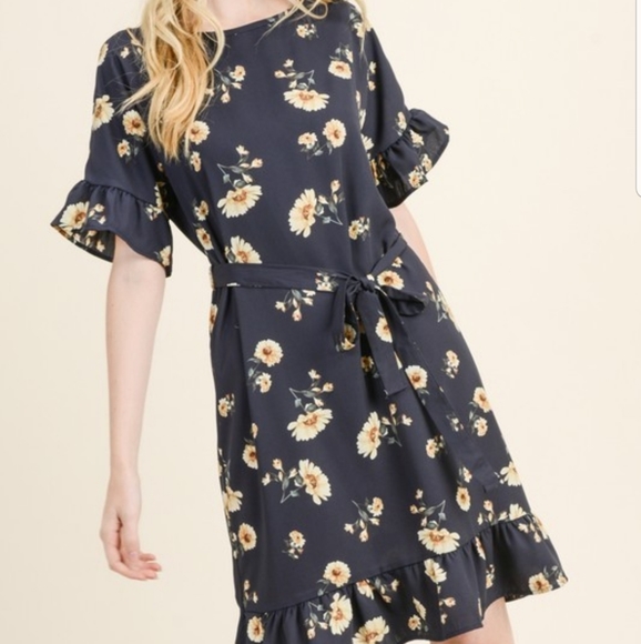 Daisy Floral Navy Midi Elbow Sleeve Ruffle Dress - Picture 3 of 3